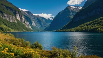 Fototapeta premium A picturesque serene lake nestled between towering mountains and lush greenery under a clear blue sky, perfect for travel, adventure, and relaxation
