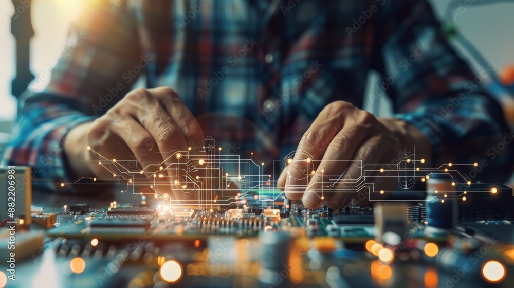 Aufkleber Engineer working with electronic components on a circuit board in a tech-focused workspace. Emphasizes innovation and technical expertise.