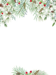 Pine cones, red berries, herbs and evergreen branches. Fir, Larch, spikelet and hypericum berry. Christmas vertical frame with empty space for text. Watercolor illustration isolated on white.