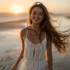 A serene outdoor portrait of a carefree woman with windblown hair, highlighting the warm tones and peaceful vibe of the golden hour