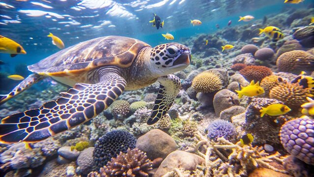 Vertical video, Hawksbill Se Turtle or Biss (Eretmochelys imbricata) swims slowly at depth above coral reef with tropical fish swimming around, wide-angle shot, slow motion