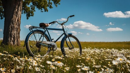 Naklejka premium Vintage bicycle leaning on a tree amidst a lush field of daisies under a clear blue sky, evoking a serene and peaceful outdoor atmosphere