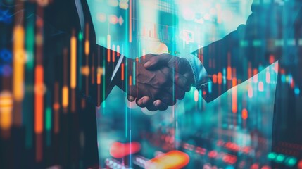 Businessmen shaking hands with stock market data overlay, representing financial agreements and market trends.