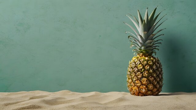 Close-up of fresh pineapple on the sand against a turquoise background. Tropical paradise theme background with copy space. Minimal summer concept.