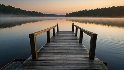 Fototapeta premium A wooden dock extends over a calm lake surrounded by trees at sunrise, with mist hovering over the water, creating a serene and tranquil atmosphere