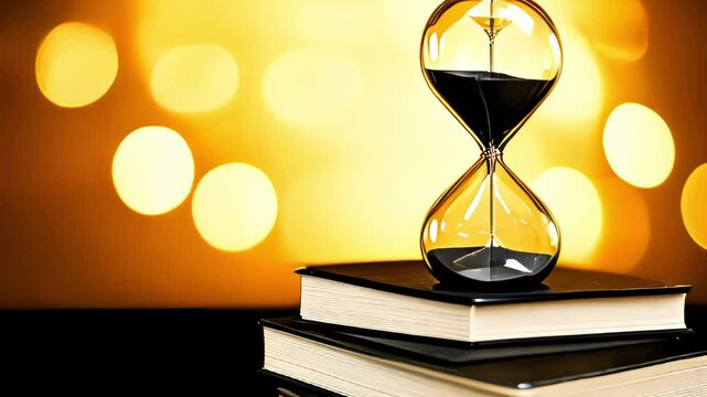 Hourglass on books with golden bokeh.