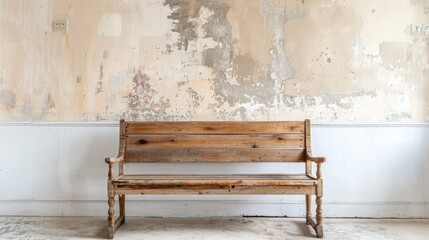 Antique wooden storage bench from 1880 against white wall in old building