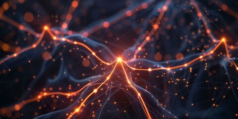 Obraz premium An artistic depiction of neural networks featuring illuminated connections and dots set against a dark backdrop