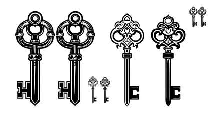 set of old keys,a black and white image of keys on a ring,ハート型のアンティークキー