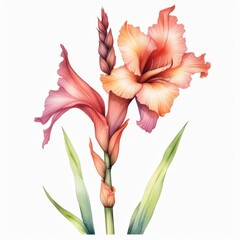 Watercolor Illustration of a Delicate Orange Gladiolus Flower.