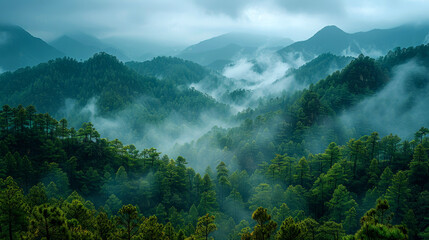 Obraz premium landscape mountain of forest tree pine with foggy