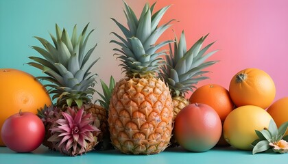 A colorful still life arrangement featuring a pineapple and some other fruits