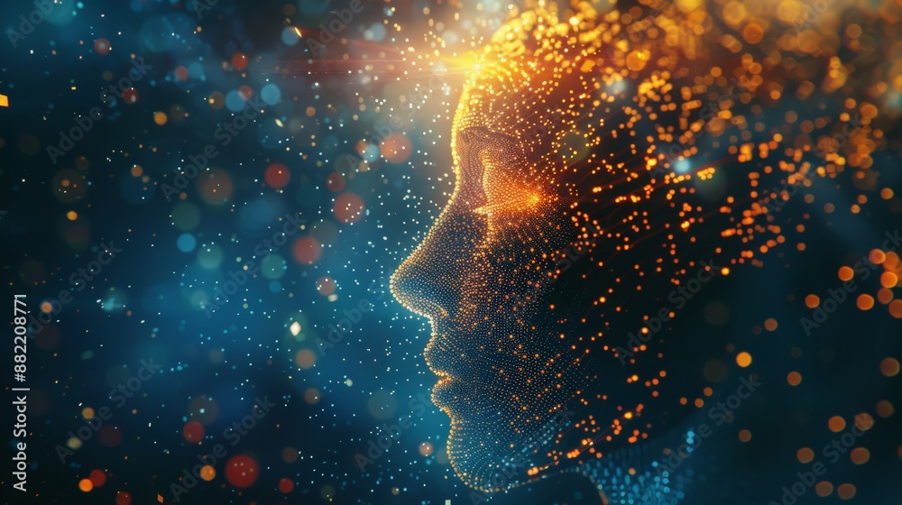 Poster Futuristic digital face composed of glowing particles and lights in dark background. Artificial Intelligence and sci-fi concept
