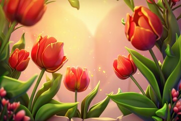 Obraz premium Blossoming red tulips in a garden with a warm glowing background