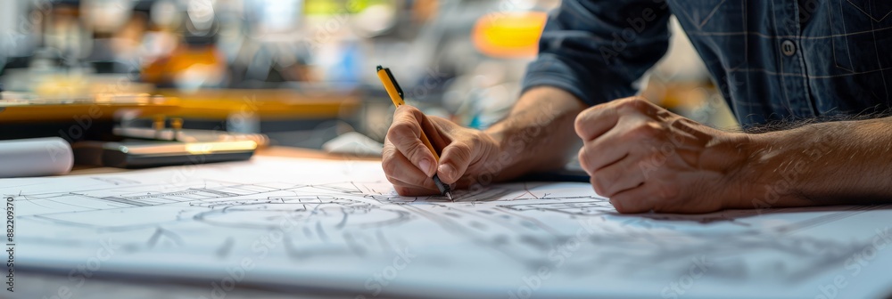 Aufkleber Focused engineer sketching a project layout on large blueprint paper in a creative workspace. Highlights construction industry and technical expertise.