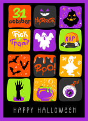 Halloween poster with pumpkins, ghosts, bats and spiders. Hand drawn colorful doodle collage, great for Halloween banners, posters, card and invitation. Vector illustration