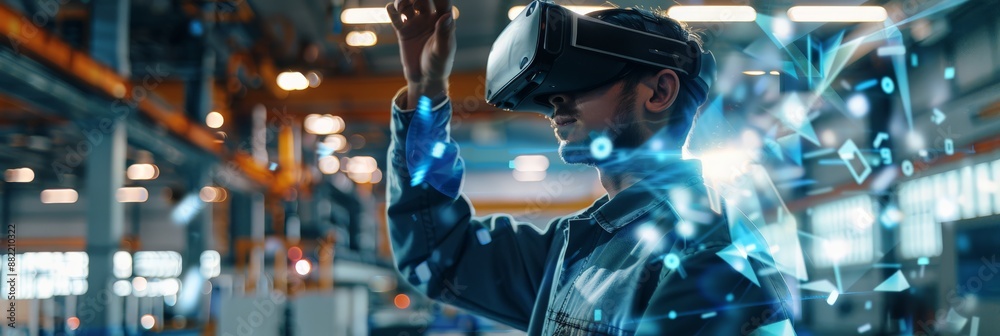 Poster engineer using vr headset in high-tech industrial environment with holographic interface. virtual re