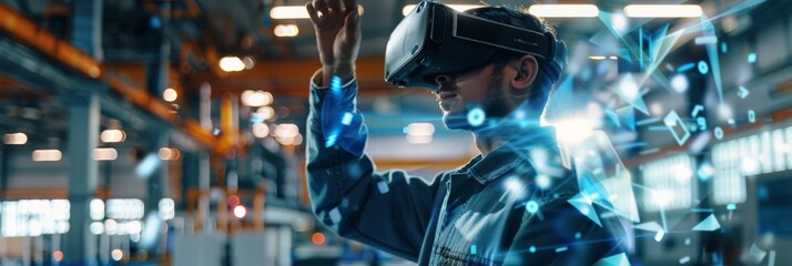 Engineer using VR headset in high-tech industrial environment with holographic interface. Virtual reality and advanced technology integration in modern engineering.