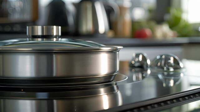 Closeup of the safety lock feature on a portable induction cooker where two buttons must be pressed simultaneously to unlock and activate the cooktop.