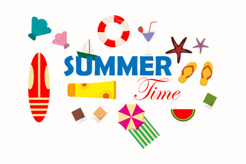 Summer time element and equipment vector. Background text. Colourful theme. Surfboard. Umbrella. Swimming ring. 