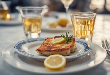 Saganaki with ouzo and lemon on a white porcelain plate with a glass of Greek ouzo 
