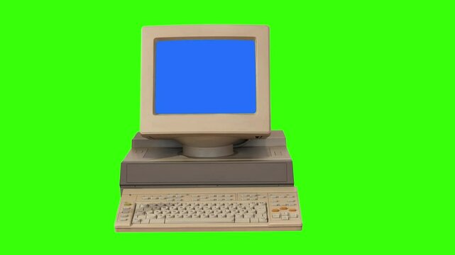 vintage computer on green screen noise from old tube then blue screen appears