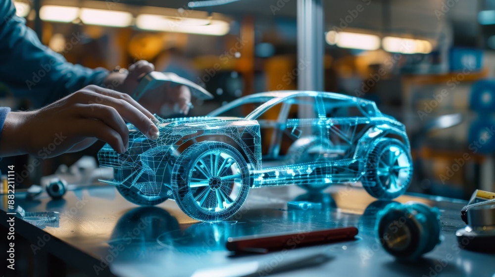 Poster Hands working on a holographic car model in a high-tech workshop. Advanced automotive design and engineering technology.
