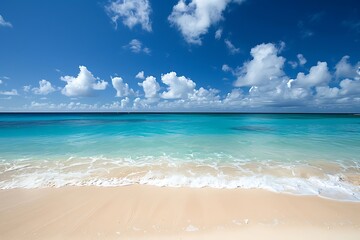 Fototapeta premium Idyllic Beach Scene with Azure Waters and White Clouds