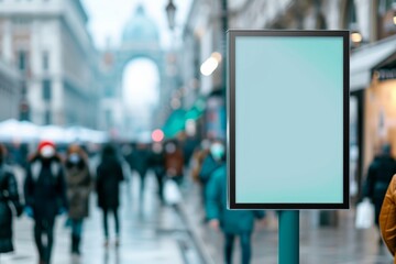 Fototapeta premium Blank billboard in a busy urban street with people walking in the background, perfect for advertisement or promotional content.