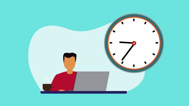 Animation of a man working on a laptop with a cup of tea next to him. Above the person there is a clock that is spinning. The background is light blue.