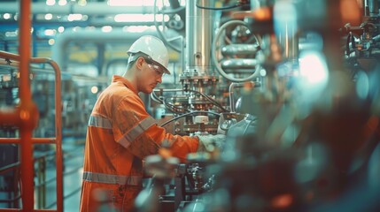 Fototapeta premium Industrial worker in orange uniform working on complex machinery in a high-tech factory. Represents technical skill and modern industry.