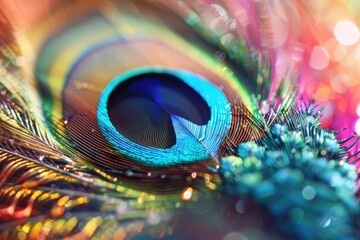 A close-up view of a peacock feather, showcasing the intricate details and vibrant colors of the eye. The feather appears wet, with tiny droplets of water highlighting the iridescent patterns.