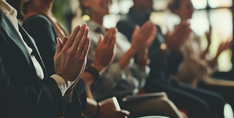 The image shows a group of business people clapping and sitting in chairs.