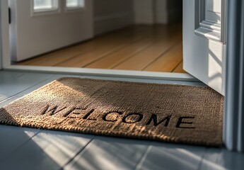 A warm and inviting image showcasing an open white door with a wooden floor and a welcome mat in the foreground, basking in natural sunlight.