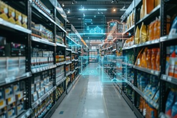 A supermarket aisle with shelves stocked with products. The aisle is empty, but data visualizations hover in the air, suggesting data analysis.