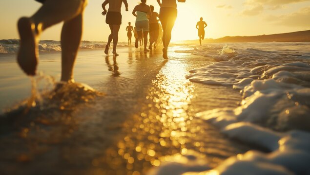 The image shows a group of people jogging along a beach during sunset, with the light reflecting off the wet sand and creating a warm, glowing atmosphere.