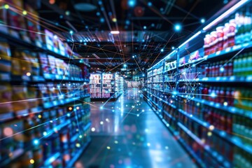 A retail store aisle is illuminated by a digital network of connections, showcasing the integration of technology in modern shopping experiences.