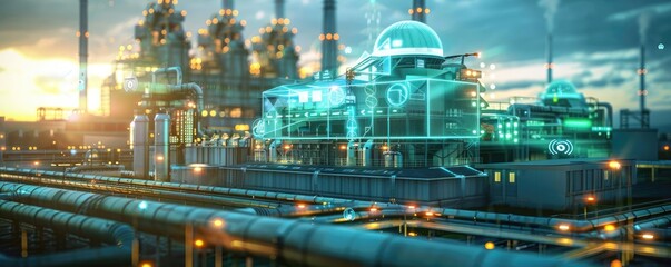 Futuristic industrial plant with advanced technology, glowing lights, pipelines, and cyber elements at sunset, showcasing innovation in industry.