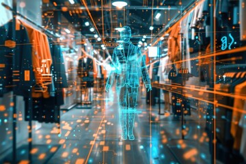 Glowing blue digital avatar at the center of a retail store, surrounded by clothes racks. The store interior is blurry, but the avatar stands out