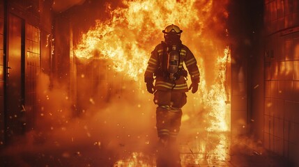 Fototapeta premium A brave firefighter in protective gear stands among flames and smoke in an office building, showcasing the heroism and sacrifice of emergency responders.