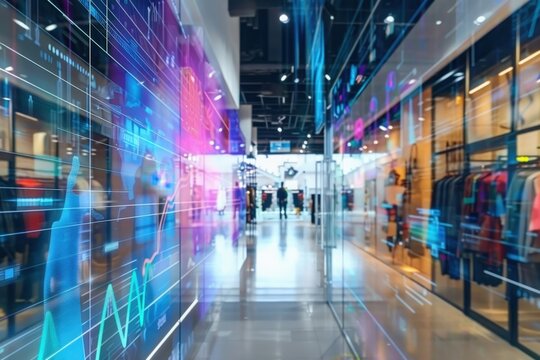 An empty retail corridor with data visualizations projected on the walls, capturing the modern retail landscape and the increasing use of technology in the industry.