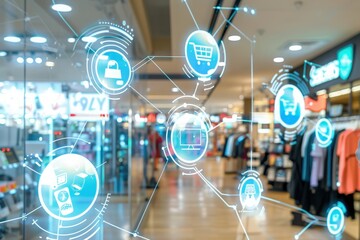 A blurred view of a retail store with digitally overlaid icons of shopping carts, a padlock, and a computer, symbolizing the merging of online and offline shopping experiences.