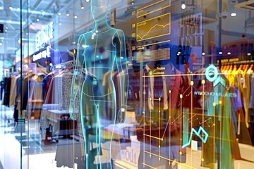 A transparent, digital mannequin stands in a retail store window, overlaid with data visualizations and charts. The display reflects insights into customer behavior and shopping trends.