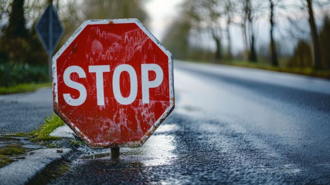 A red and white "STOP" sign located on the side of an empty road.