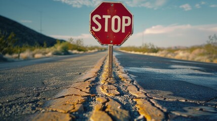 A red and white "STOP" sign located on the side of an empty road.