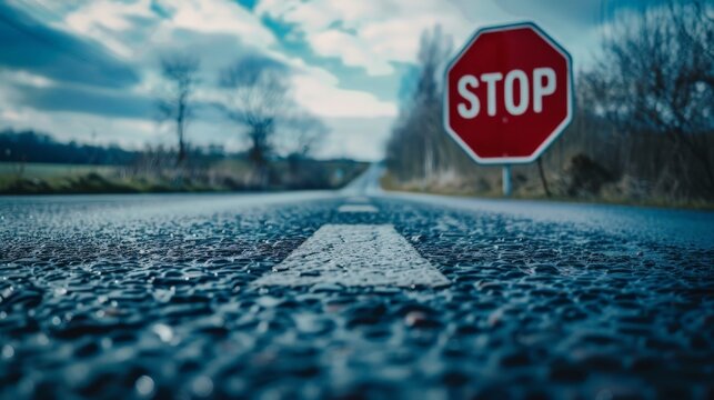 A red and white "STOP" sign located on the side of an empty road. - Powered by Adobe