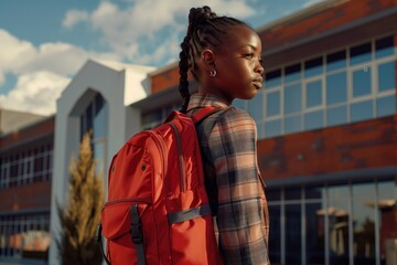 African American teen girl stands in front of brick building with large windows reflecting clear blue sky wearing red backpack and braids for back to school theme.