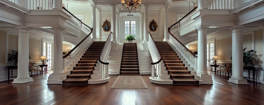 Classic Georgian with white columns and a grand staircase. - Powered by Adobe