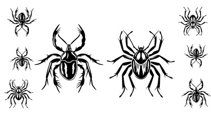 A collection of spider silhouettes on a white background,black silhouettes of spiders 