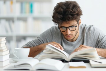 Focused young man studying with books in a library or study space, wearing glasses and a gray sweater.